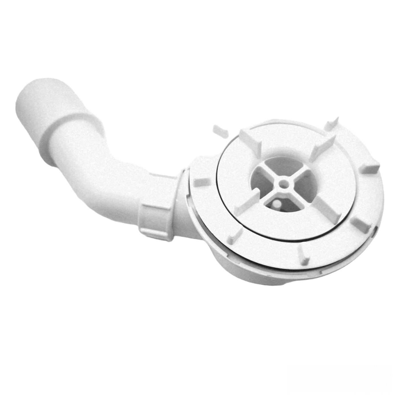 Weißer, flacher Siphon aus Kunststoff, mit gebogenem Rohr und Dichtungsring, vor weißem Hintergrund, Vogelperspektive.