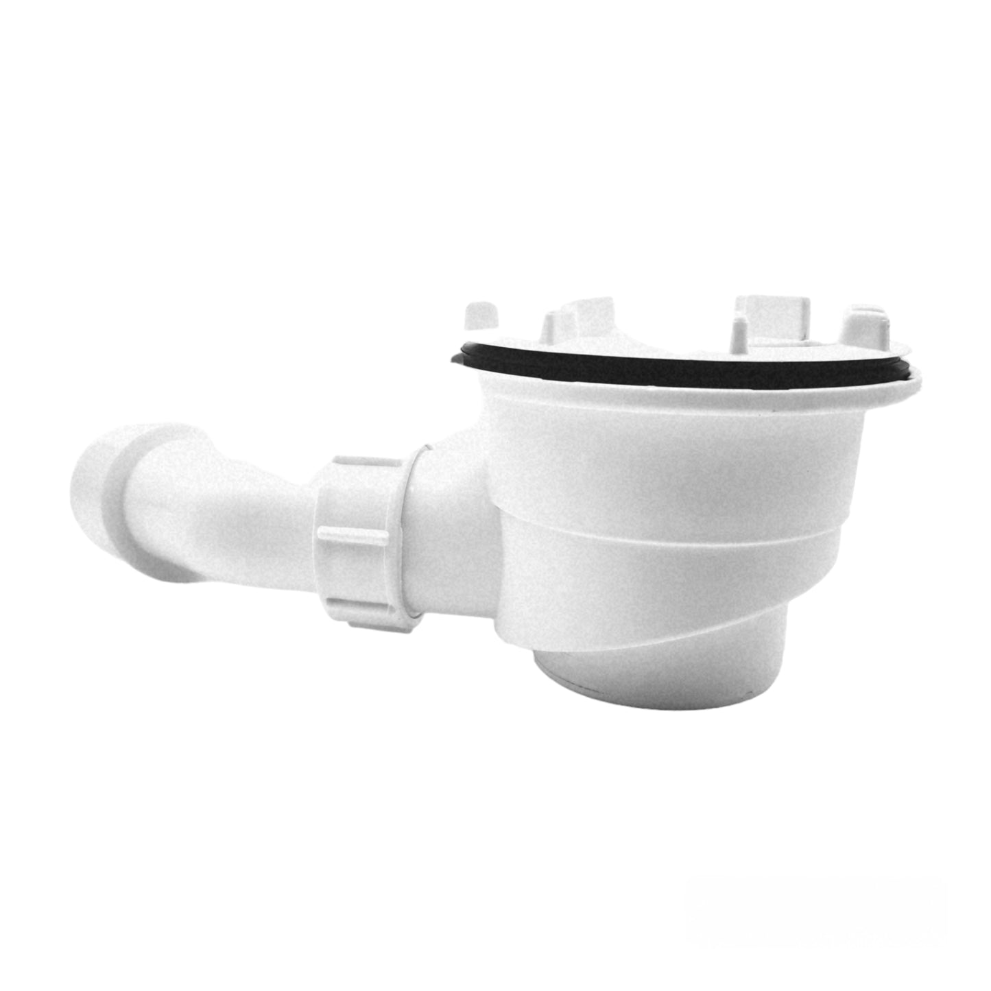 Weißer, flacher Siphon aus Kunststoff, mit gebogenem Rohr und Dichtungsring, vor weißem Hintergrund, Seitenansicht.