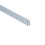 Nahaufnahme eines O-Profils der Marke HÜPPE, transparentes, schmales, längliches, U-förmiges Kunststoffprofil, mit einem O-förmigen Profil an der Profilvorderseite, vor weißem Hintergrund.