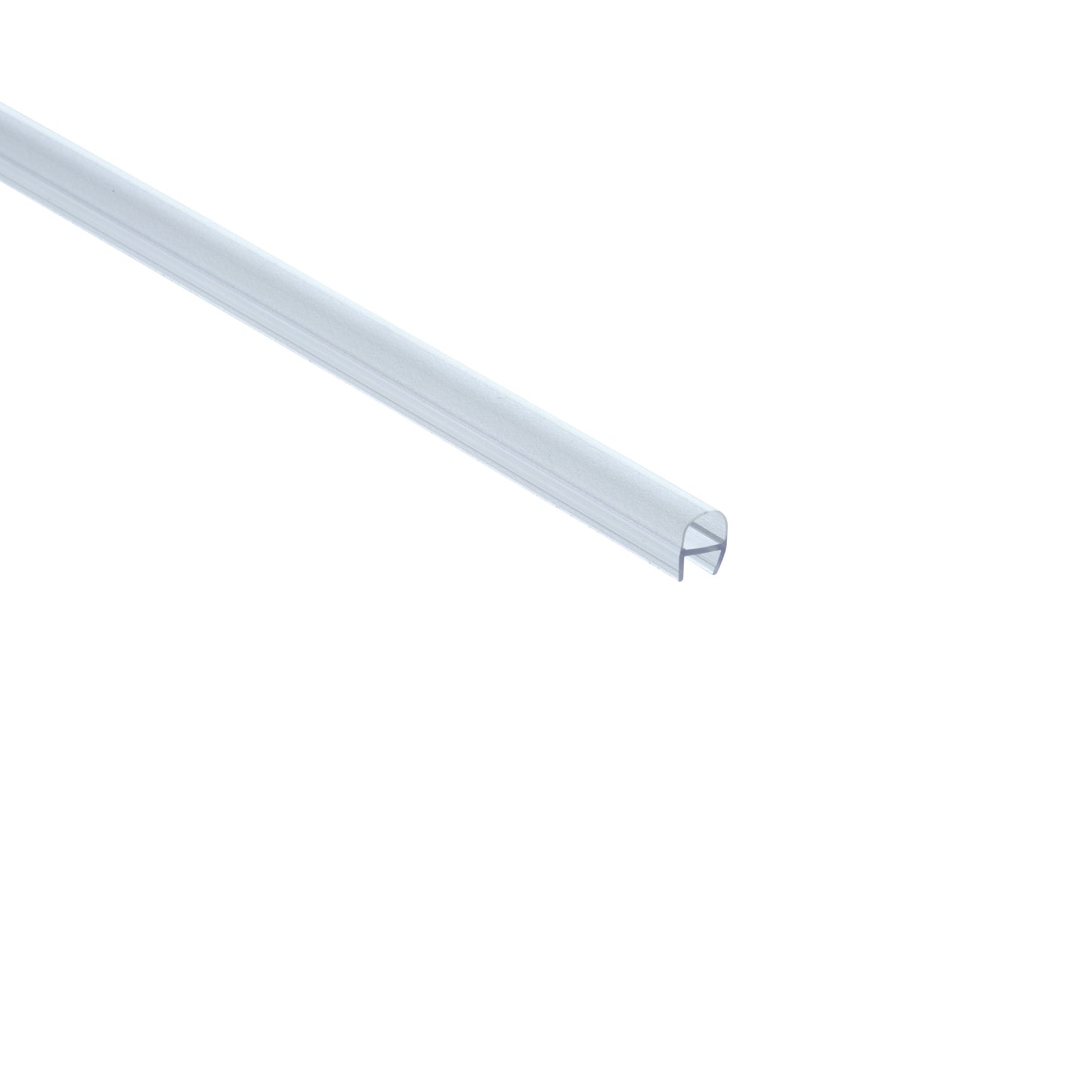 Nahaufnahme eines O-Profils der Marke HÜPPE, transparentes, schmales, längliches, U-förmiges Kunststoffprofil, mit einem O-förmigen Profil an der Profilvorderseite, vor weißem Hintergrund.