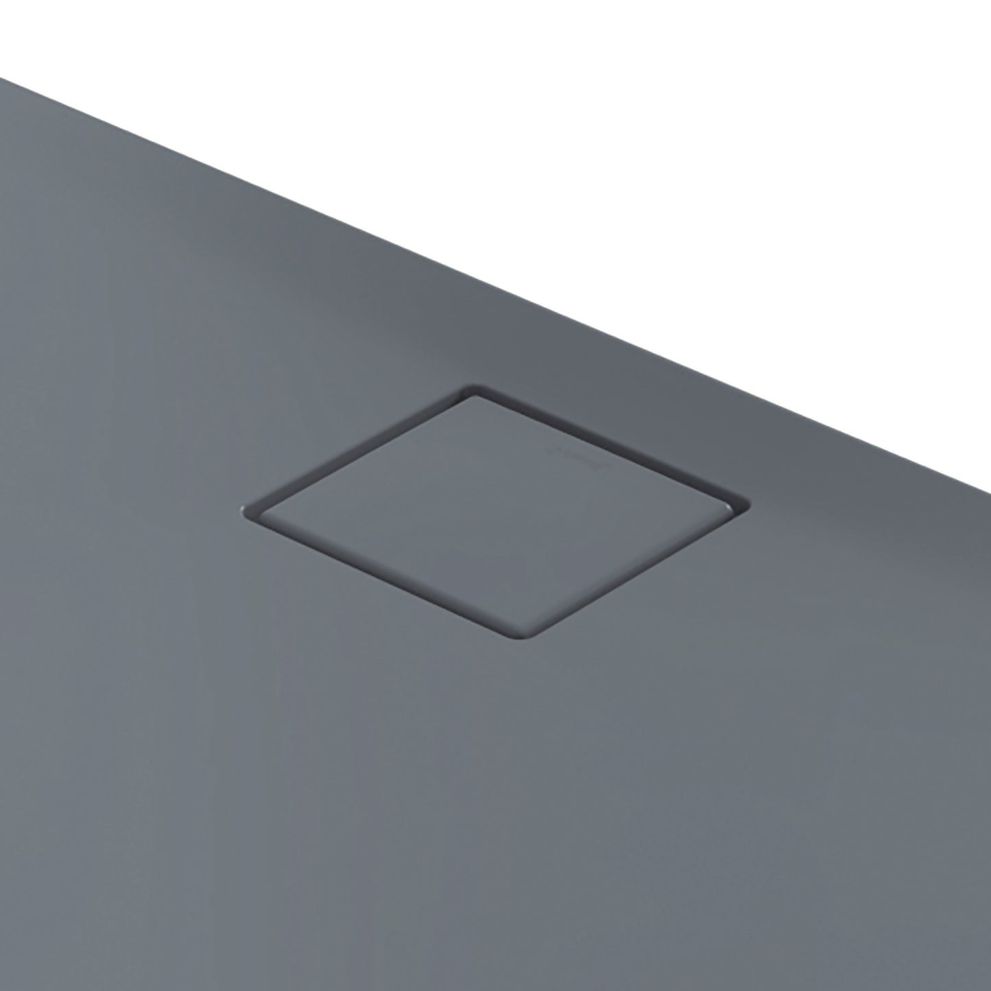 Detailaufnahme der HÜPPE EasyFlat Duschwanne in grau matt mit flächenbündiger, quadratischer Ablaufkappe.