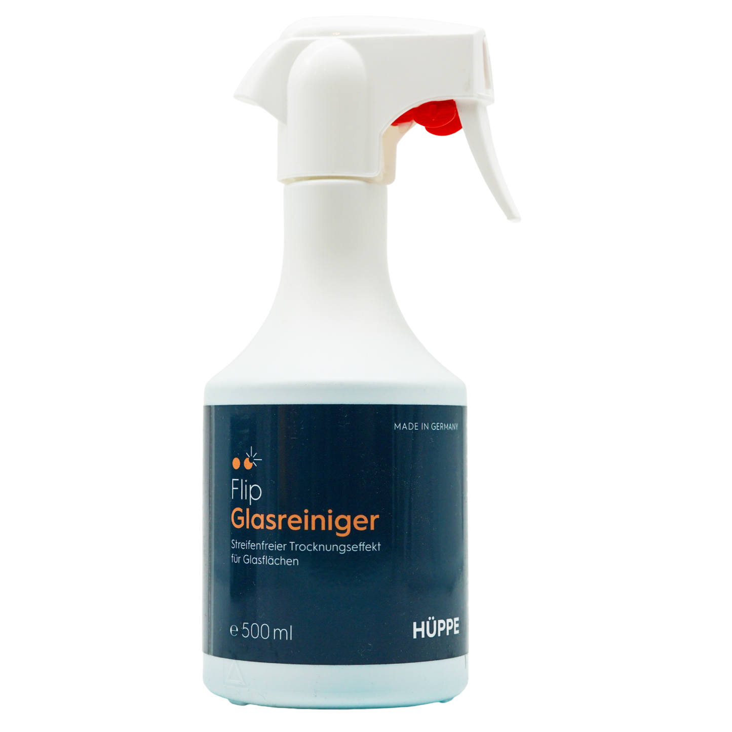 Sprühflasche des Glasreinigers ‚Flip Glasreiniger‘ von HÜPPE mit weißem Sprühkopf und dunkelblauem Etikett, auf dem Produktinformationen auf Deutsch stehen. Die Flasche hat ein Fassungsvermögen von 500 ml und ist ‚Made in Germany