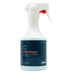 Sprühflasche des Glasreinigers ‚Flip Glasreiniger‘ von HÜPPE mit weißem Sprühkopf und dunkelblauem Etikett, auf dem Produktinformationen auf Deutsch stehen. Die Flasche hat ein Fassungsvermögen von 500 ml und ist ‚Made in Germany
