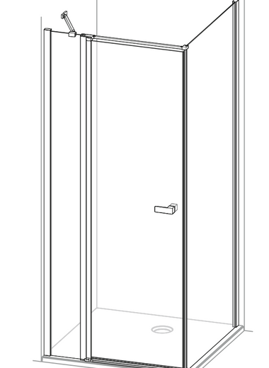 Strichzeichnung der Duschabtrennung Qube der Marke HÜPPE, Schwingtür mit festem Segment und Seitenwand.