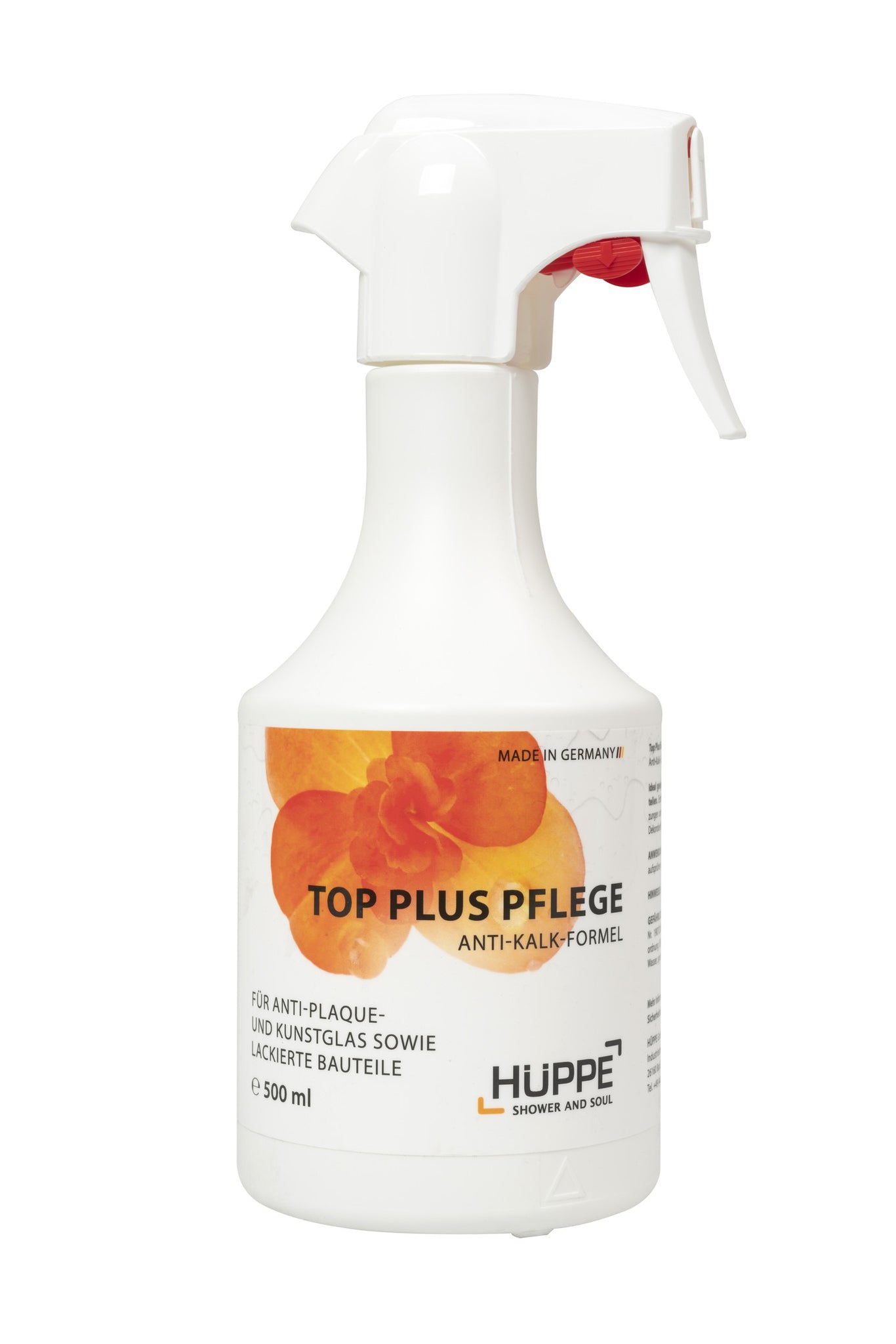 Weiße Sprühflasche eines Reinigers, beschriftet mit TOP PLUS PFLEGE und ANTI-KALK-FORMEL, der Marke HÜPPE.