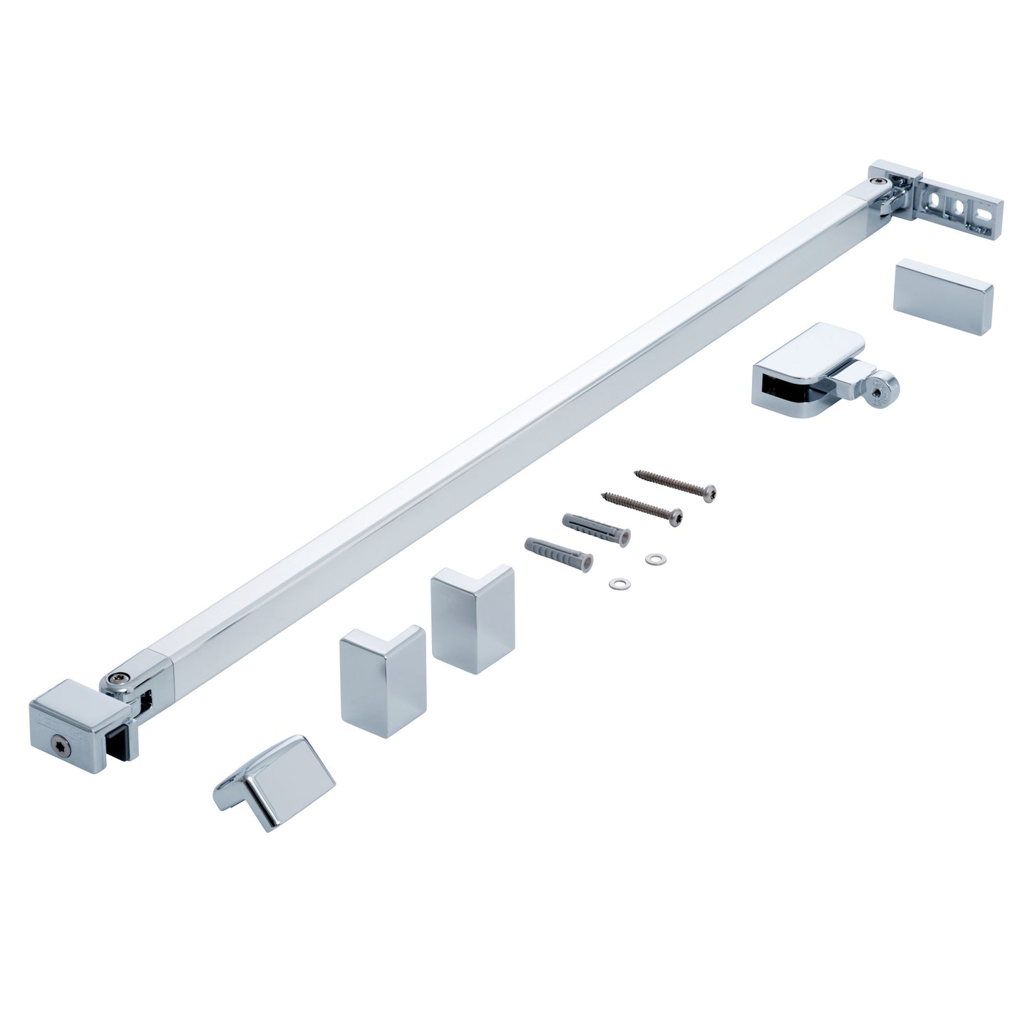 Stabilisierungsbügel-Set der Marke HÜPPE, bestehend aus einem Silber hochglänzenden, schmalen, länglichen Stab sowie Abdeckkappen und Befestigungsmaterial, vor weißem Hintergrund, Seitenansicht.