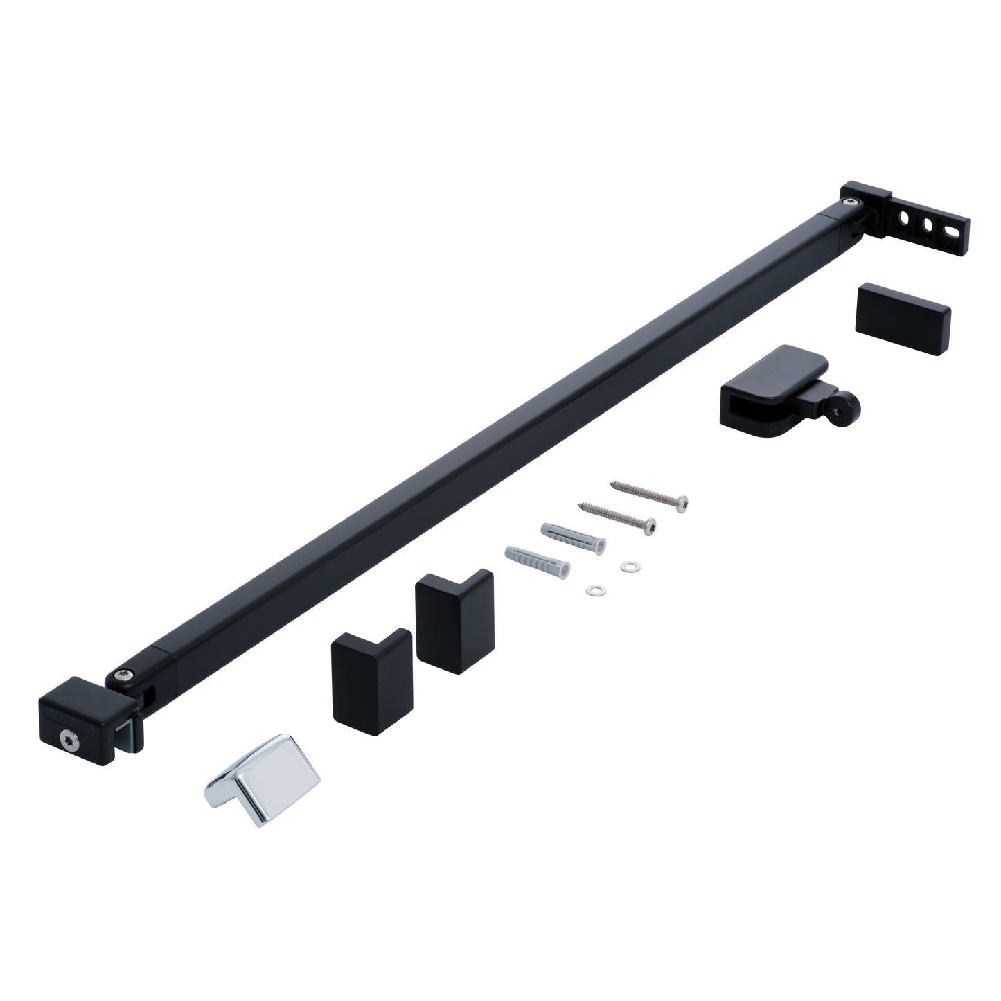 Stabilisierungsbügel-Set der Marke HÜPPE, bestehend aus einem schwarzen, matten, schmalen, länglichen Stab sowie Abdeckkappen und Befestigungsmaterial, vor weißem Hintergrund, Seitenansicht.