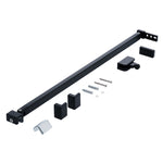 Stabilisierungsbügel-Set der Marke HÜPPE, bestehend aus einem schwarzen, matten, schmalen, länglichen Stab sowie Abdeckkappen und Befestigungsmaterial, vor weißem Hintergrund, Seitenansicht.