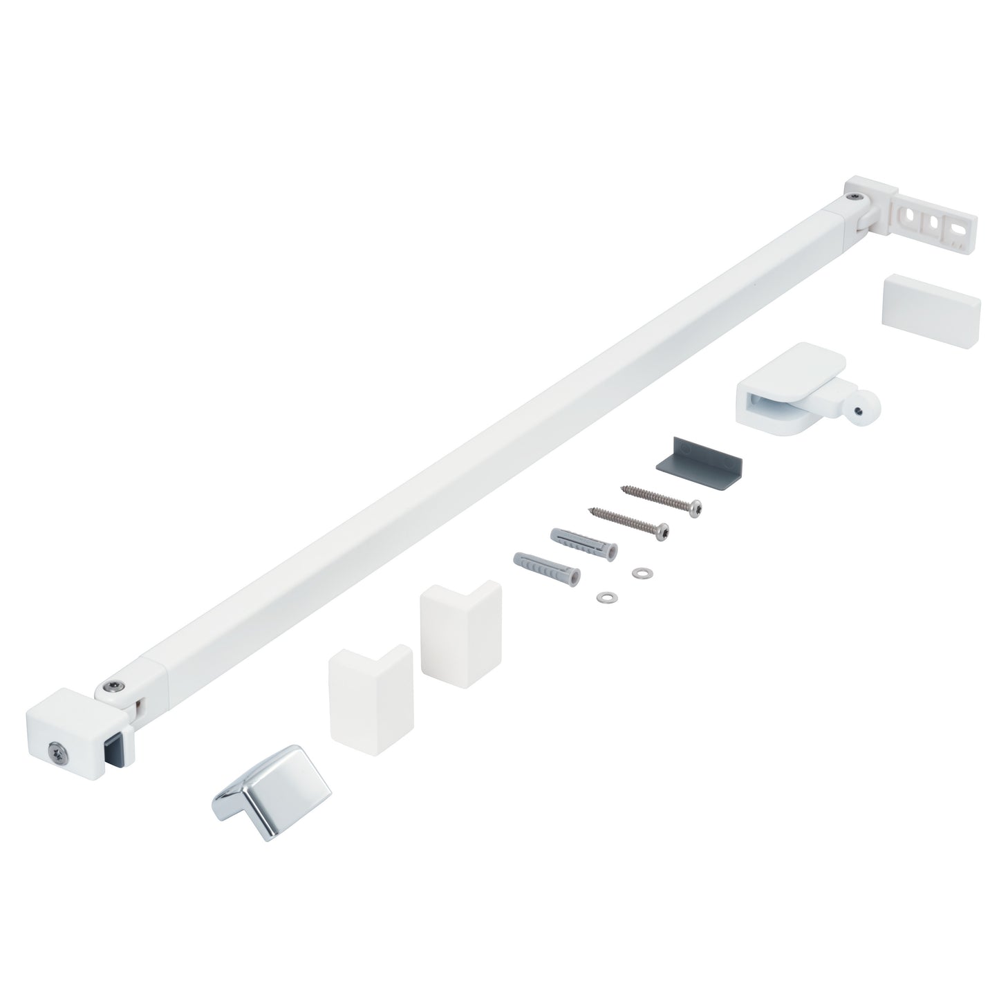 Stabilisierungsbügel-Set der Marke HÜPPE, bestehend aus einem weißen, matten, schmalen, länglichen Stab sowie Abdeckkappen und Befestigungsmaterial, vor weißem Hintergrund, Seitenansicht.