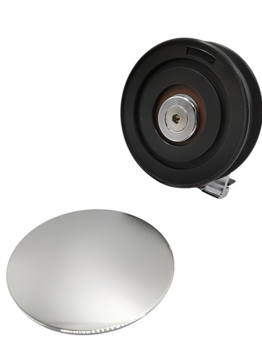 Schwarze Rolle mit Silber hochglänzenden Details, der Marke HÜPPE sowie eine Silber hochglänzende Kappe, vor weißem Hintergrund.
