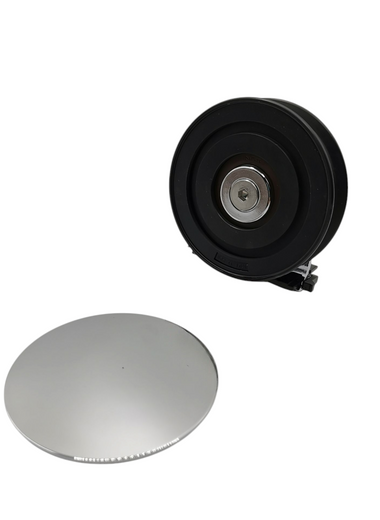 Schwarze Rolle mit Silber hochglänzenden Details, der Marke HÜPPE sowie eine Silber hochglänzende Kappe, vor weißem Hintergrund, Frontansicht.
